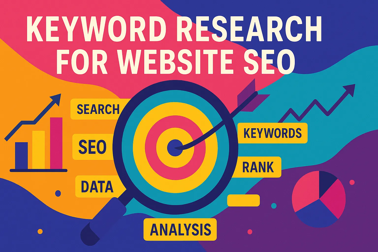 Colorful flat-style infographic showing keyword research for website SEO with data and ranking elements.