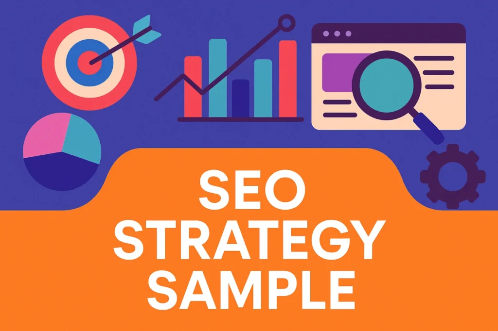 Colorful infographic with icons illustrating an SEO strategy sample including a target, analytics graph, and magnifying glass.