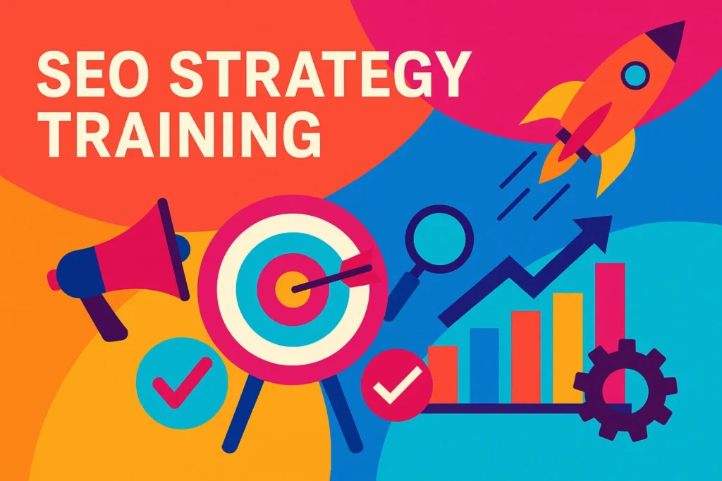 Flat-style digital illustration of SEO strategy training showing a rocket, bar graph, magnifying glass, and target.