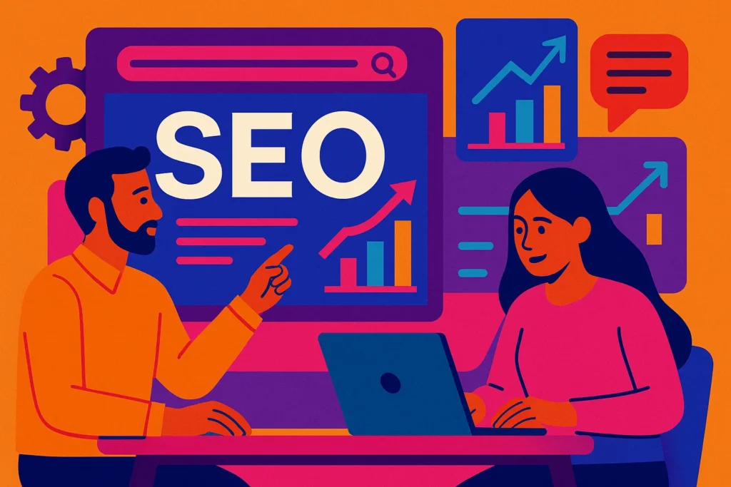 Two digital marketers reviewing charts and discussing an SEO keyword report template on a computer screen