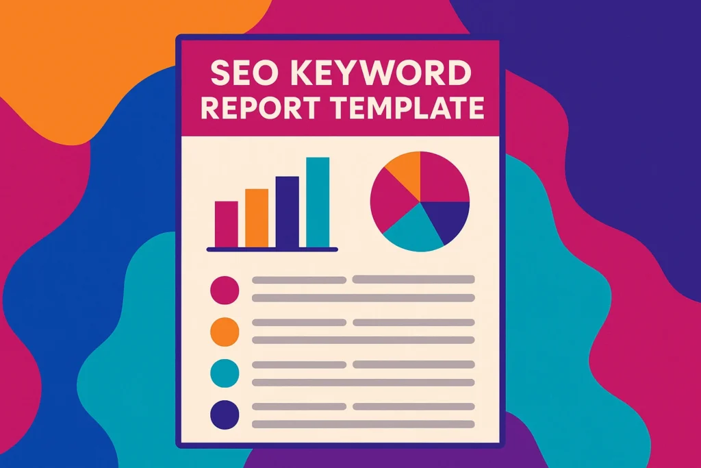 Illustrated SEO keyword report template featuring bar charts and pie charts with colorful background