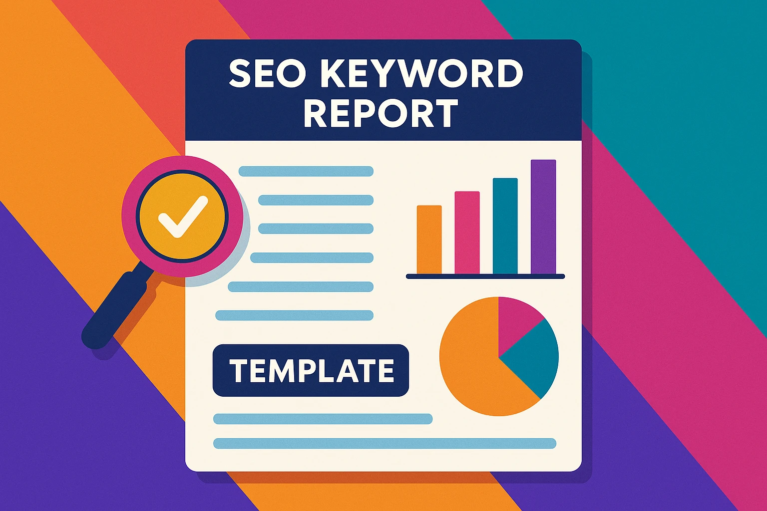 A stylized SEO keyword report template with a magnifying glass, bar graph, pie chart, and checklist layout