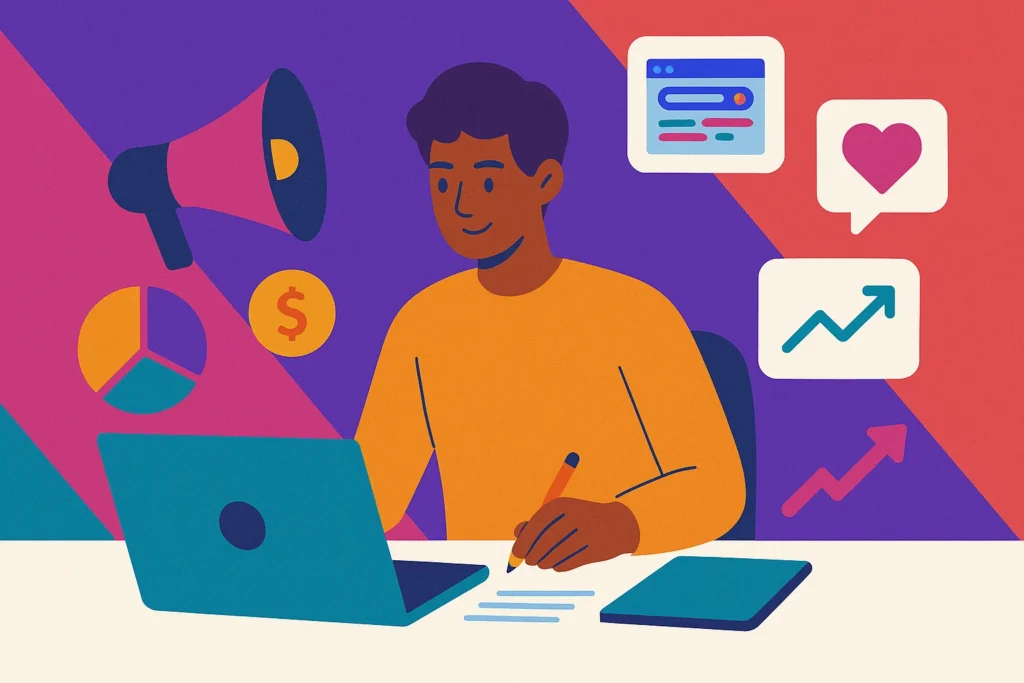 A young professional working on a laptop surrounded by digital marketing icons and SEO keyword report visuals