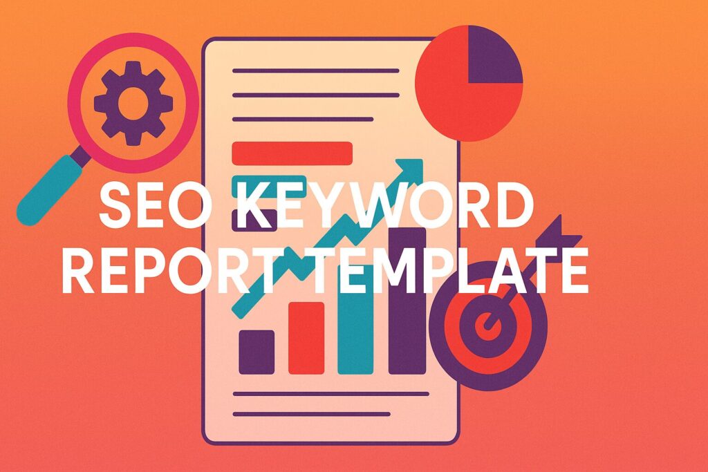SEO keyword report template illustration with graphs, gears, and a target icon on an orange gradient background