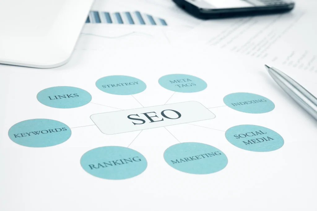 SEO strategy sample diagram with elements like keywords, ranking, social media, and marketing.