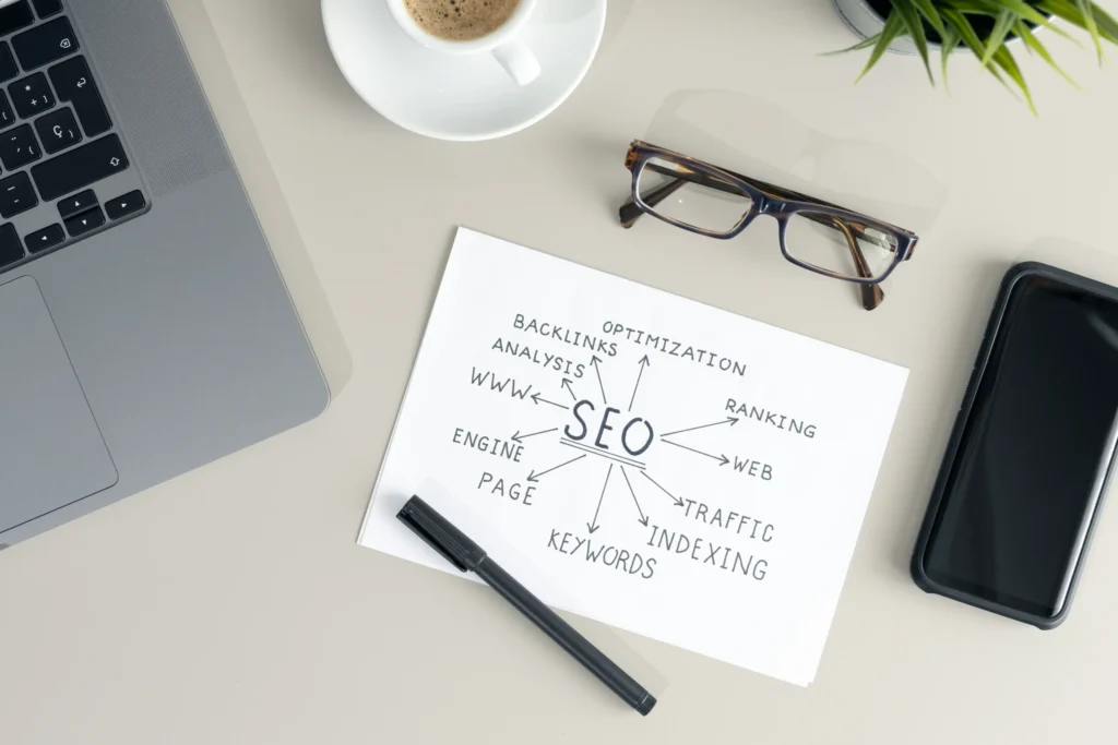 SEO work plan sketch showing optimization terms on a desk workspace