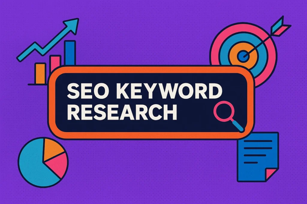 Colorful flat design showing charts, graphs, and magnifying glass to illustrate an SEO keyword research example process step-by-step.