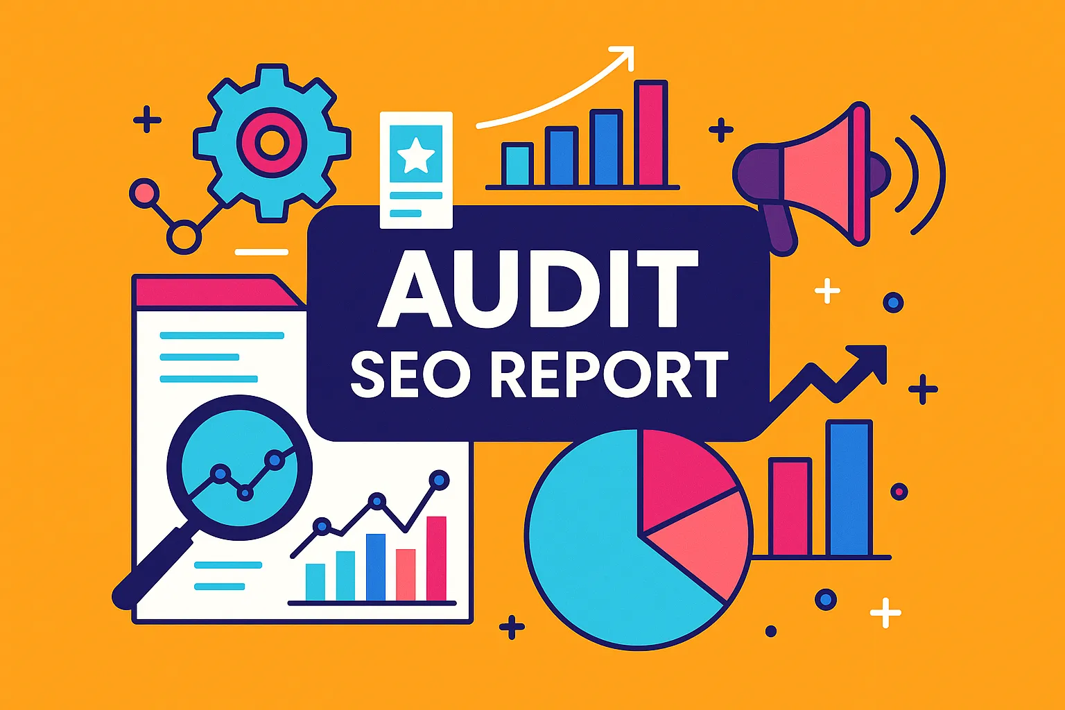 Illustrated infographic displaying charts and graphs for an audit SEO report.