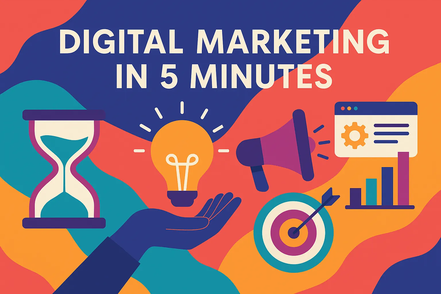 Abstract marketing graphic showing hourglass, lightbulb, megaphone, target, and charts symbolizing digital marketing in 5 minutes.