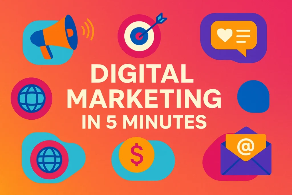 Creative flat design illustration with icons of email, globe, megaphone, and target representing digital marketing in 5 minutes