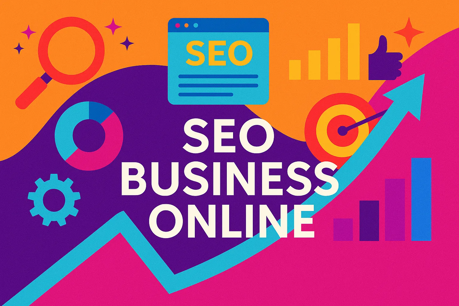 Colorful digital illustration with growth charts, target, and magnifying glass representing seo business online success.