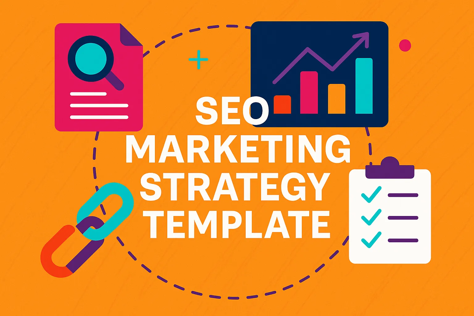 Colorful flat illustration representing elements of an SEO marketing strategy template including analytics, backlinks, and checklists