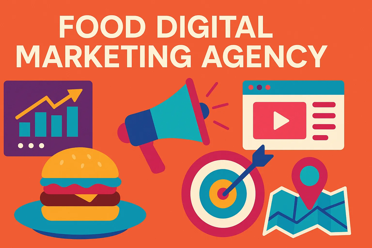 Illustration showing a food digital marketing agency concept with a burger, megaphone, target, and growth chart.