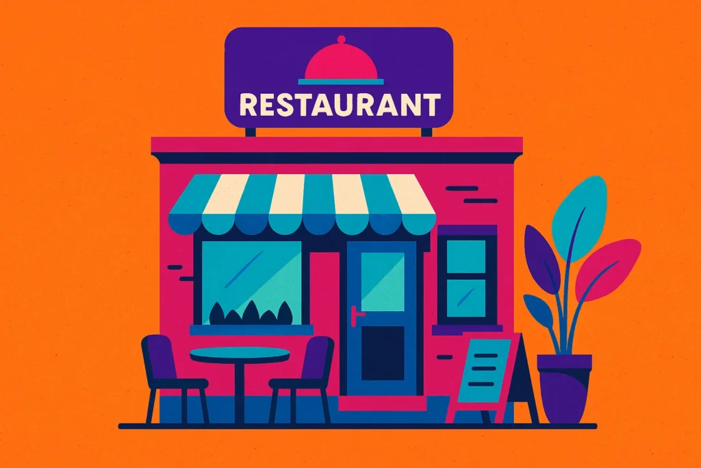 Colorful illustration of a local restaurant exterior created for a food digital marketing agency campaign.