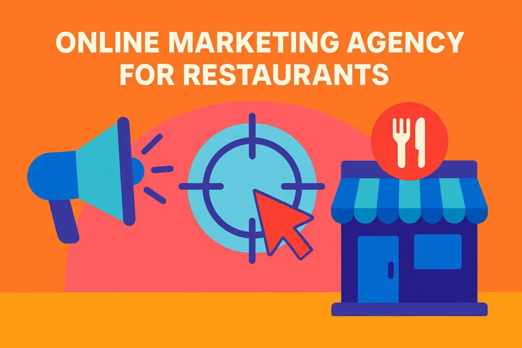 Flat design concept showing a megaphone, target, and restaurant storefront symbolizing an online marketing agency for restaurants.