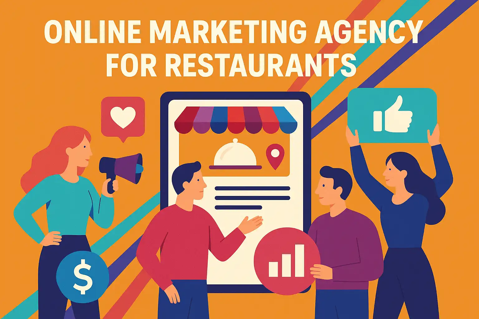 Illustration of diverse marketers promoting a restaurant brand online, representing an online marketing agency for restaurants.