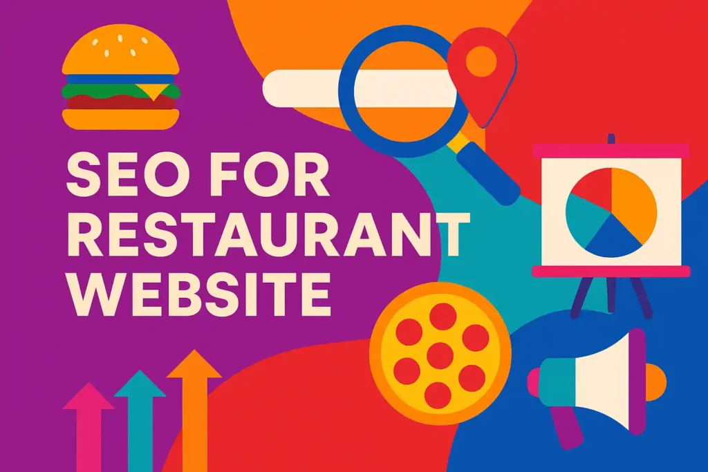 Modern colorful illustration showing a burger, location pin, and growth symbols representing SEO for restaurant website strategies.