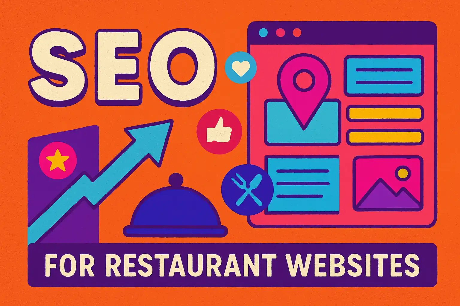 Vibrant flat-style design featuring arrows, map pins, and digital icons symbolizing SEO for restaurant website visibility.