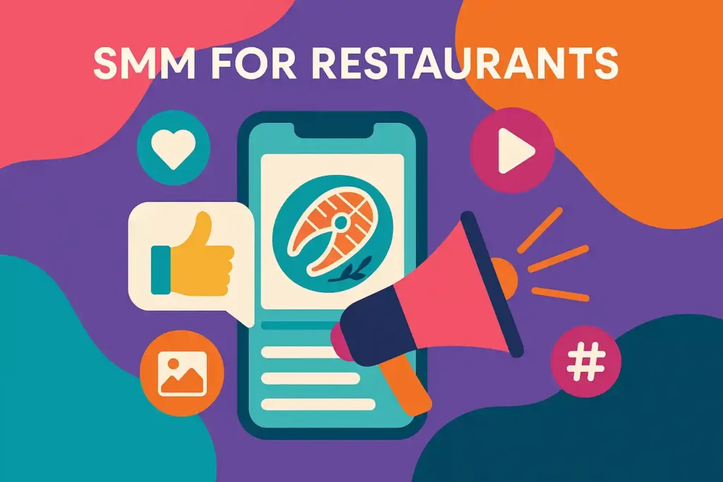 Colorful artwork of smm for restaurants showing online promotion and social interaction.
