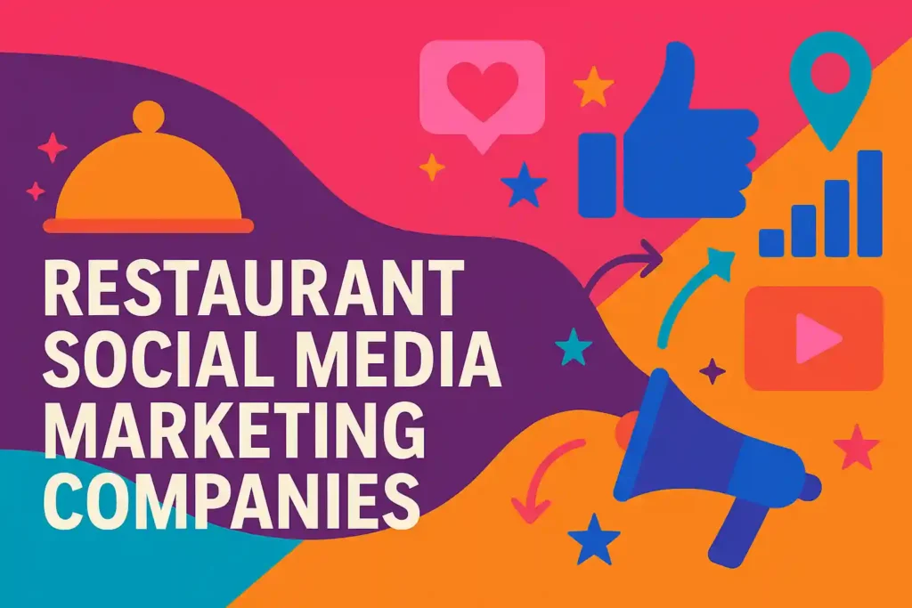Vibrant abstract illustration featuring marketing icons and restaurant elements created for restaurant social media marketing companies blog header.