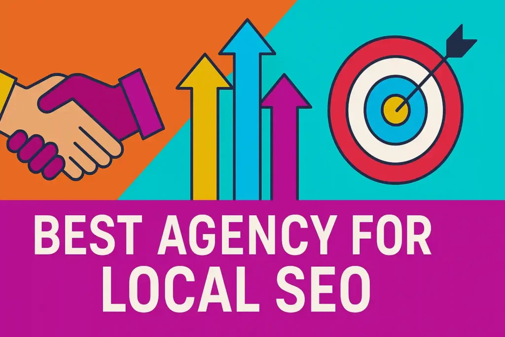 Vibrant digital illustration showing handshake, growth arrows, and target to symbolize teamwork and success — best agency for local SEO.