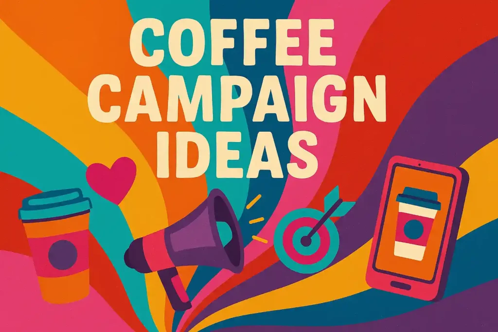 Bold and colorful coffee campaign ideas artwork with marketing icons like megaphone and smartphone.