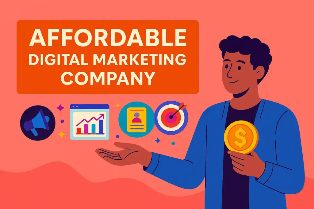 Illustration of a professional promoting analytics and growth icons for an affordable digital marketing company.