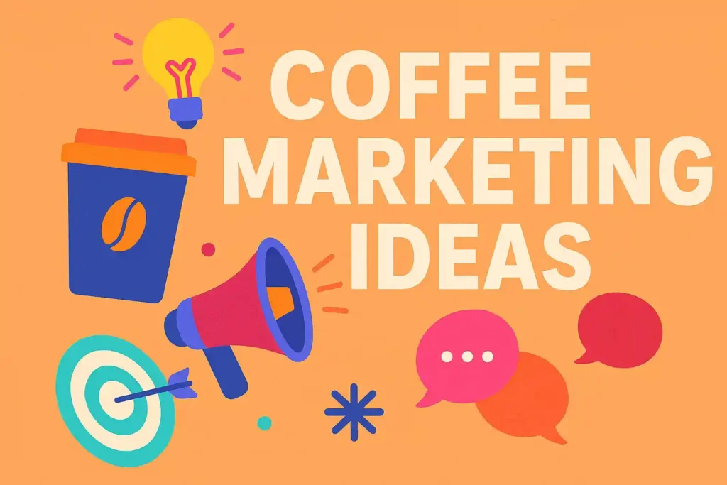 Illustrated concept showing coffee cup, megaphone, and marketing symbols — creative graphic for coffee marketing ideas.