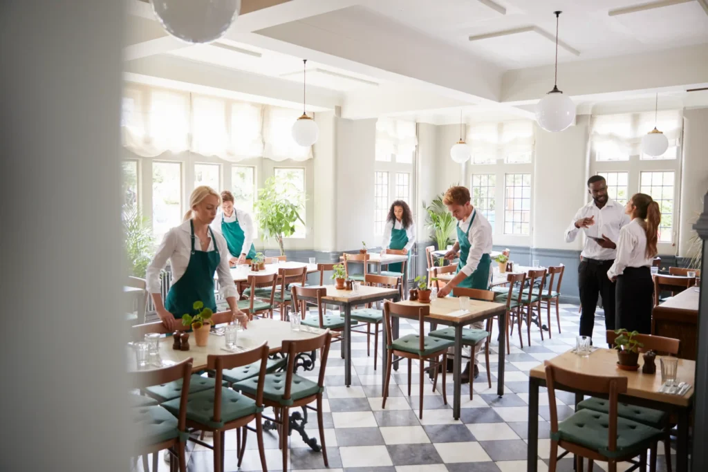 Restaurant staff setting tables before opening, reflecting growth and efficiency supported by restaurant search engine marketing strategies.