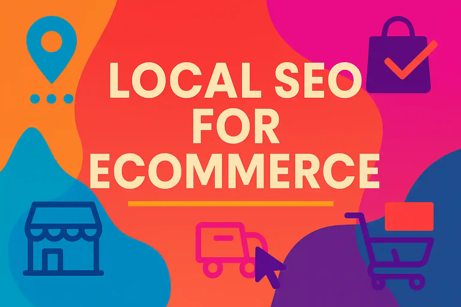 Colorful abstract header graphic illustrating local seo for ecommerce with icons of storefronts, delivery trucks, and shopping carts in vibrant modern colors.