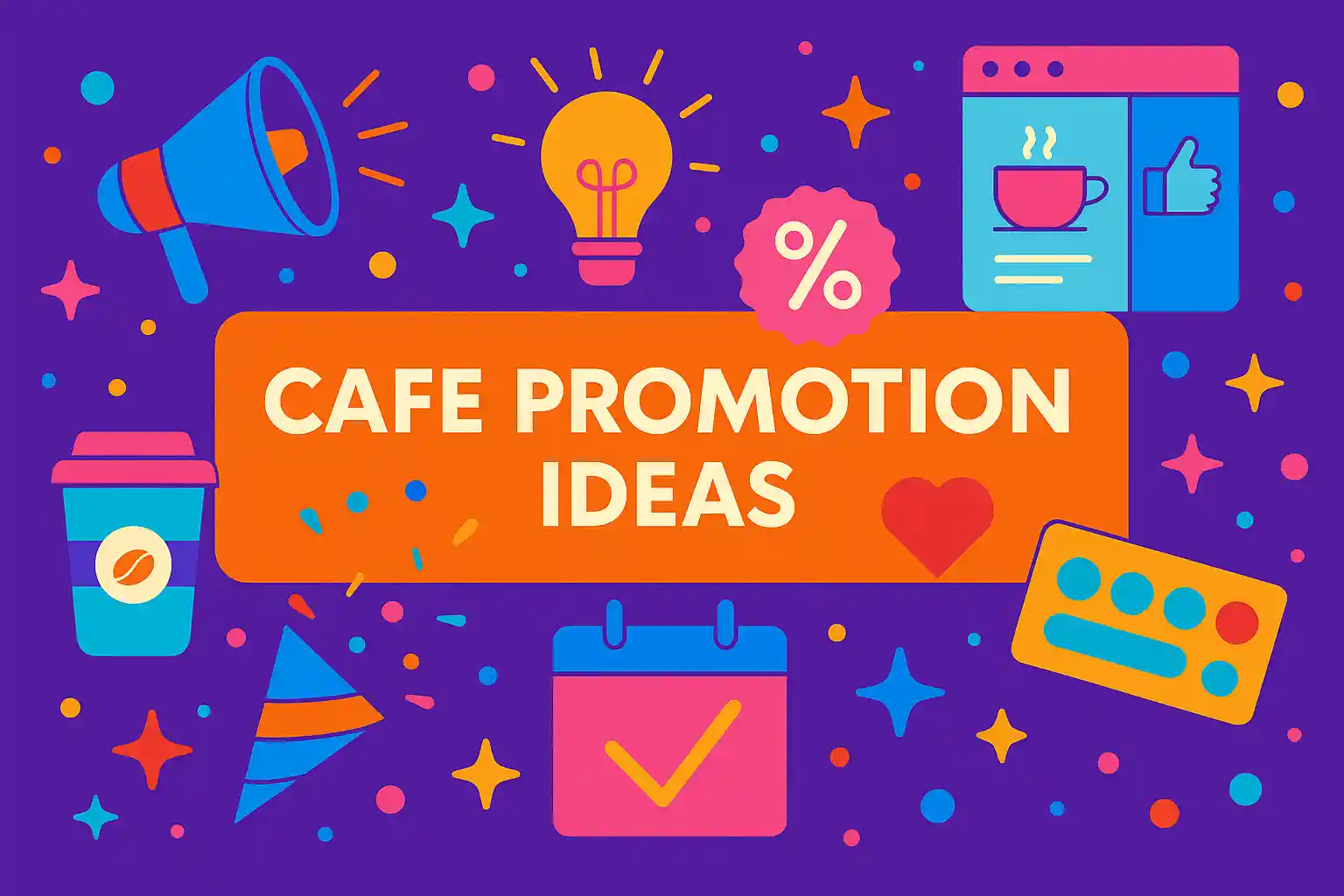 Colorful digital illustration showing creative cafe promotion ideas with icons of coffee, loyalty cards, and marketing tools.