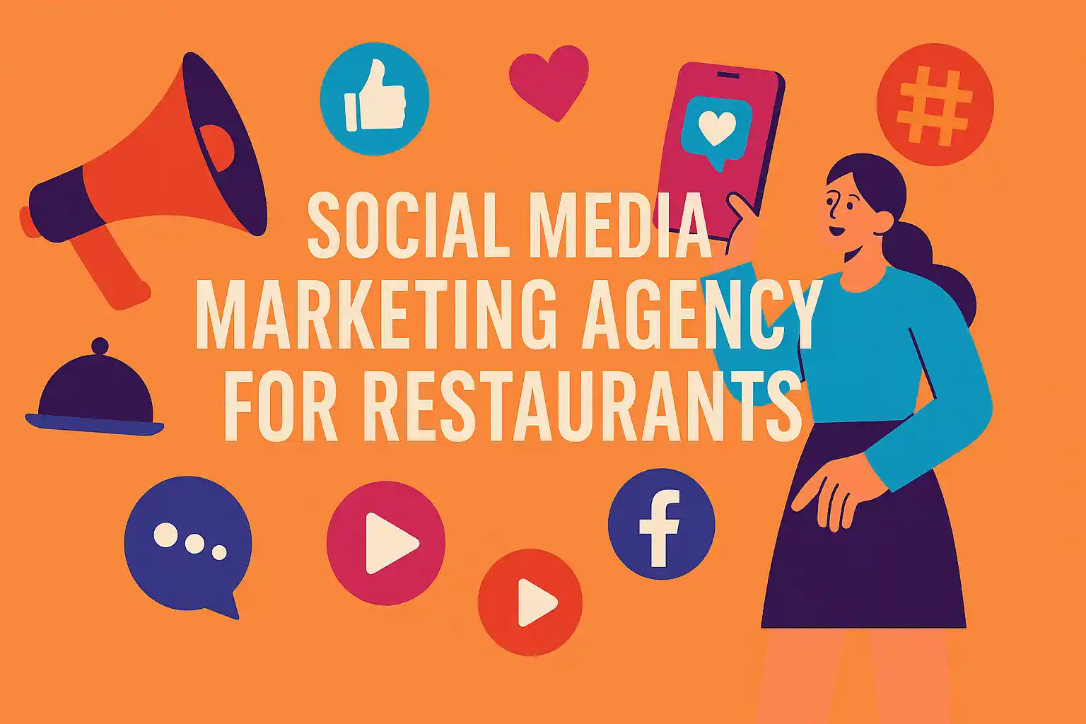 Colorful flat illustration featuring icons and graphics symbolizing a social media marketing agency for restaurants and digital brand growth.