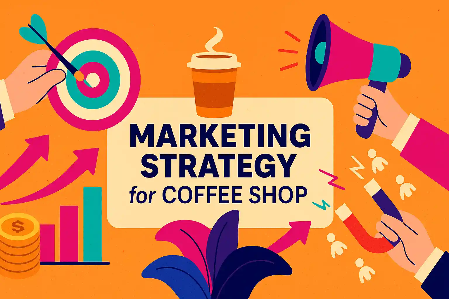 Illustrated header showing digital marketing elements like coffee cups, megaphones, and graphs representing a creative marketing strategy for coffee shop growth.