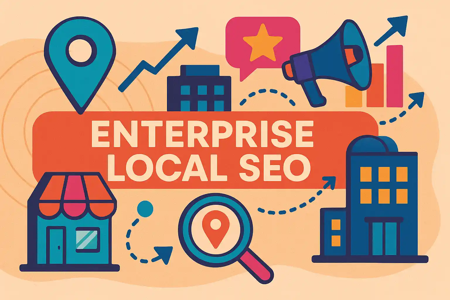 Creative header illustration showing business icons, maps, and growth arrows for enterprise local SEO.