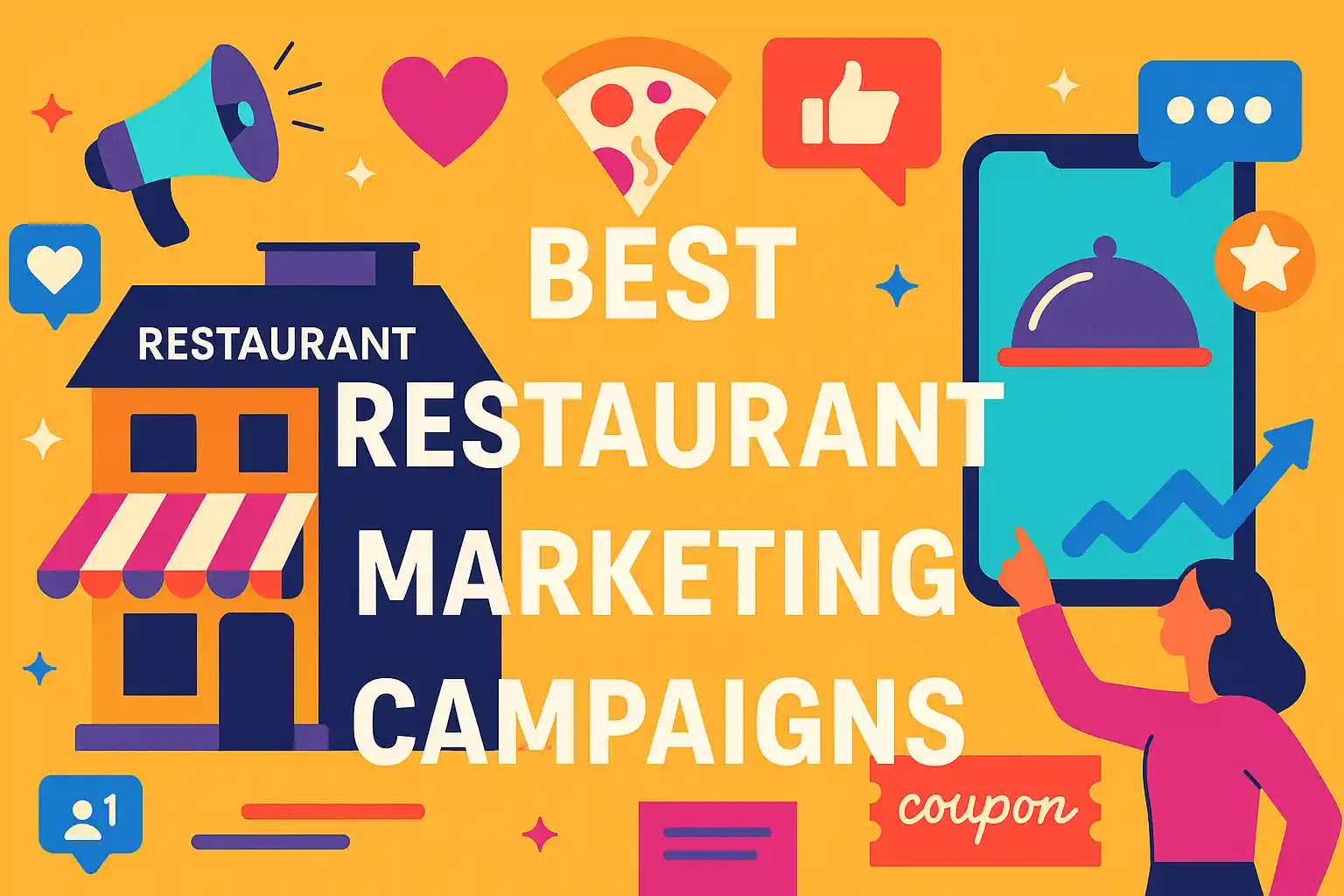 Creative illustration featuring restaurant icons, pizza, and social media elements symbolizing the best restaurant marketing campaigns.