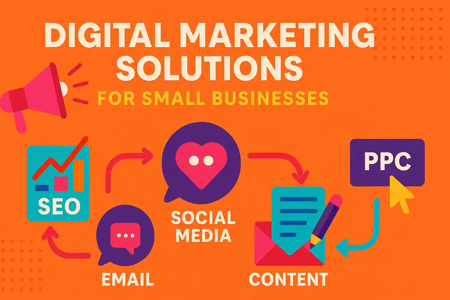 Colorful infographic showing SEO, social media, content, email, and PPC as key digital marketing solutions for small businesses.