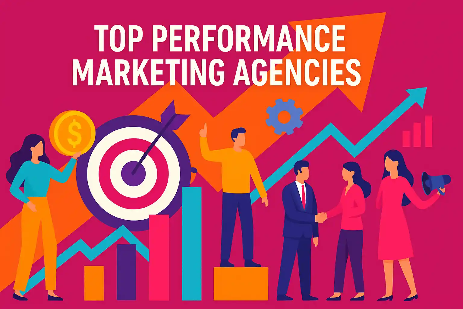 Vibrant illustration of professionals achieving business goals through teamwork and growth charts, symbolizing top performance marketing agencies.