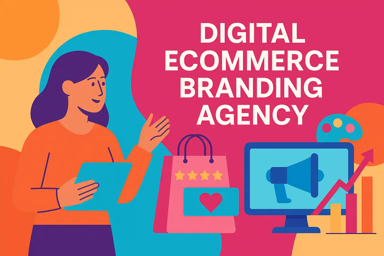 Modern illustration representing a digital ecommerce branding agency with creative visuals, vibrant colors, and marketing symbols.
