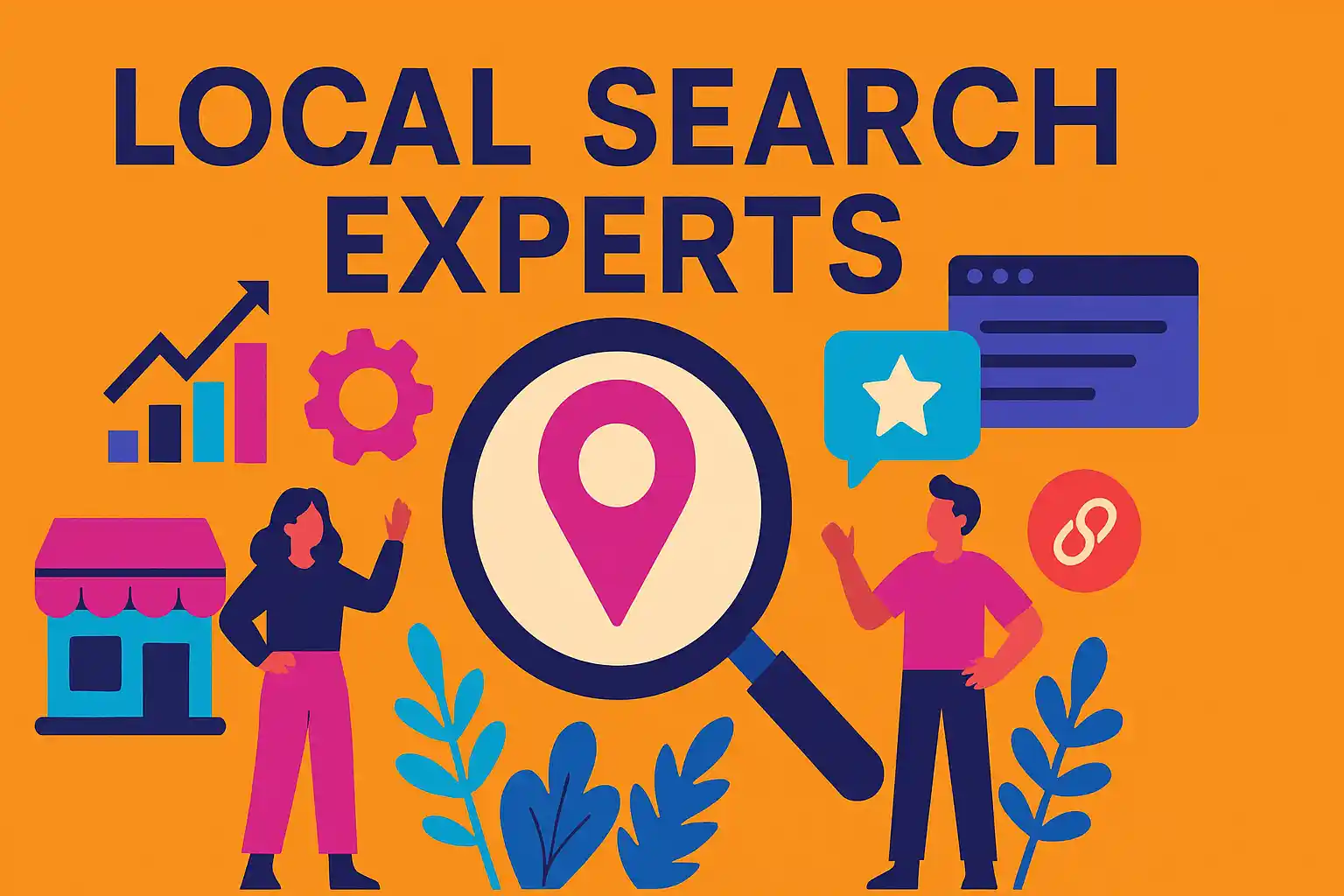 Creative illustration showing local search experts optimizing visibility with map pins and analytics.