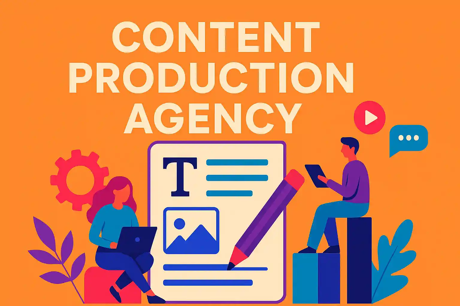 Creative illustration showing teamwork and design concepts representing a content production agency.