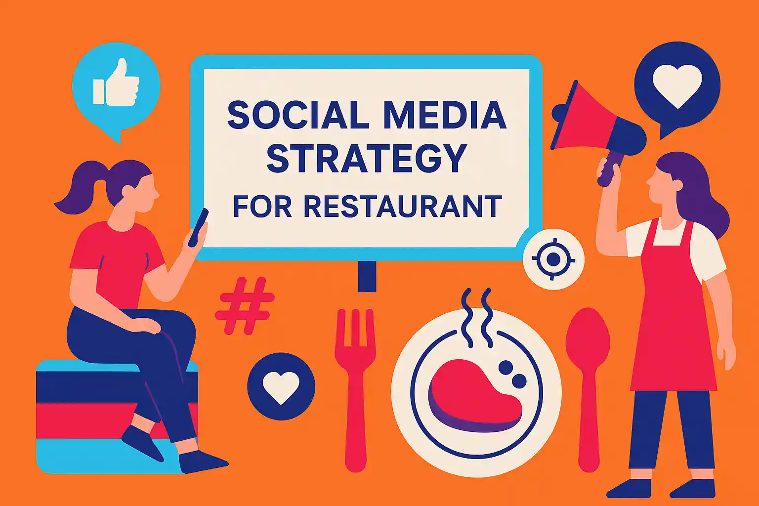 Creative banner showing people promoting food business online with icons and graphics for a social media strategy for restaurant.