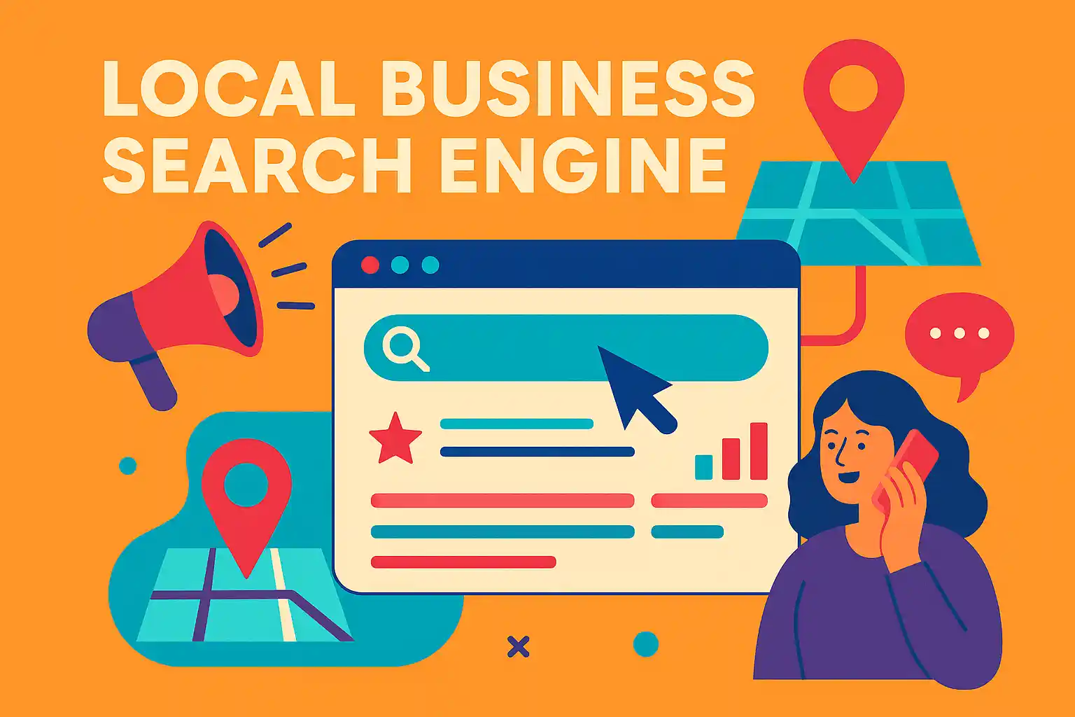 Colorful flat illustration showing a map, search bar, and customer connection to represent the local business search engine concept.