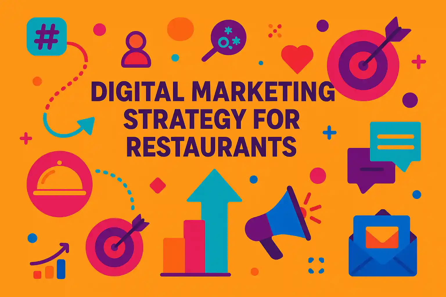 Bright illustrated banner with marketing icons such as charts, targets, and messages, visually representing a digital marketing strategy for restaurants.