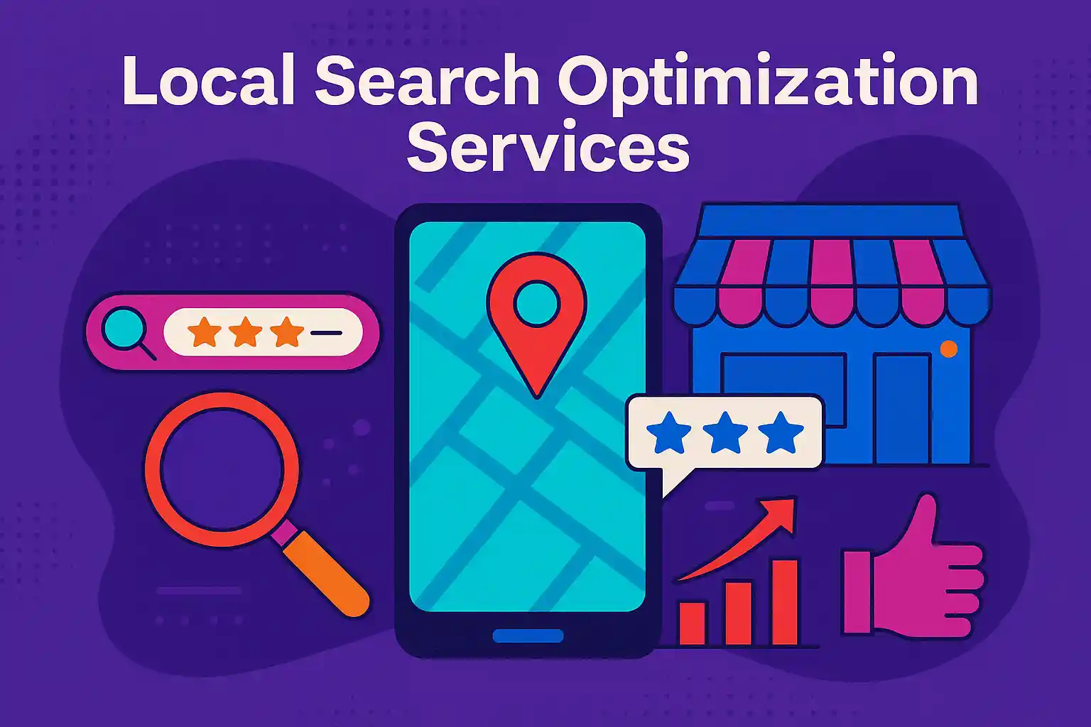Colorful illustration showing maps, stores, reviews, and growth icons symbolizing how local search optimization services improve visibility.