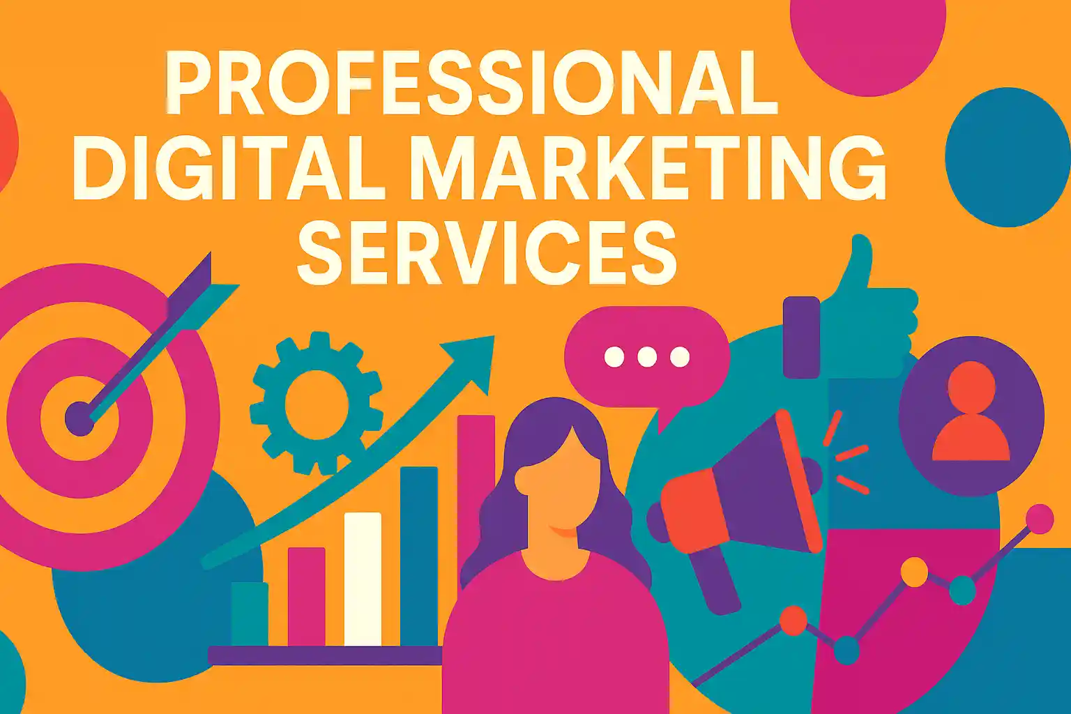 Bright vector illustration representing professional digital marketing services with icons for targeting, analytics, engagement, and branding in bold orange, teal, pink, and blue tones.