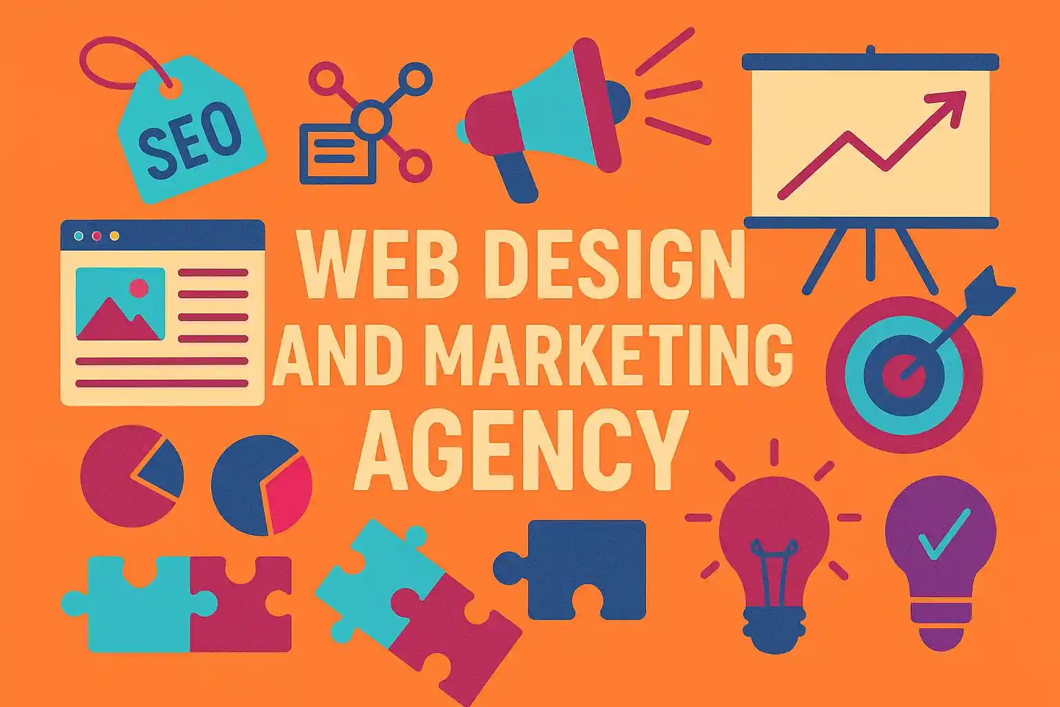 Creative illustration representing a web design and marketing agency with icons for SEO, analytics, branding, and digital strategy.