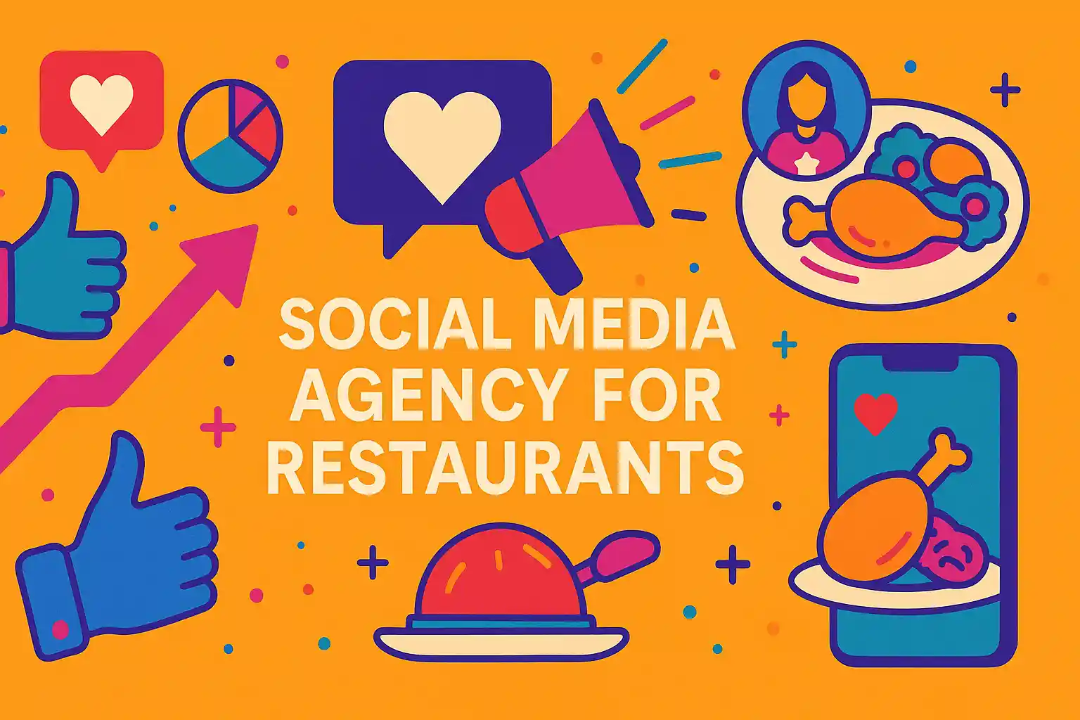 Illustration showing colorful marketing icons, food elements, and digital visuals representing a social media agency for restaurants.