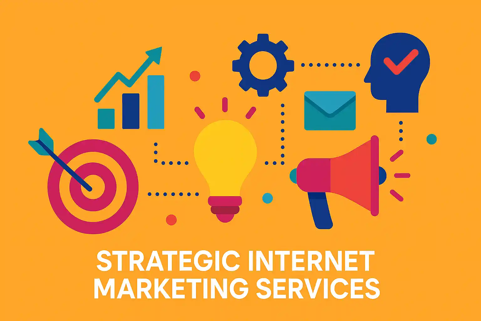 Colorful digital illustration of marketing icons including a target, graphs, lightbulb, and megaphone, visually representing strategic internet marketing services.