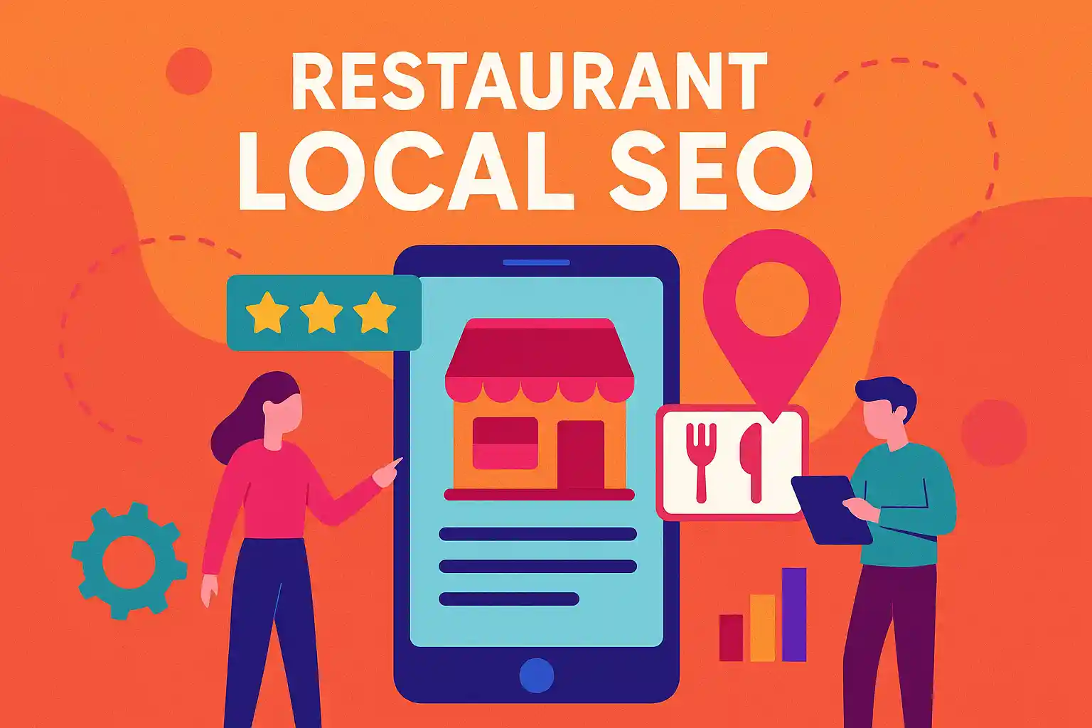 A colorful illustration of a smartphone with restaurant icons, location markers, and rating stars representing how restaurant local SEO improves online discovery.