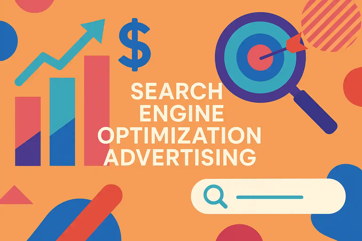 Colorful graphic showing charts, a target, and a search bar representing search engine optimization advertising concepts.